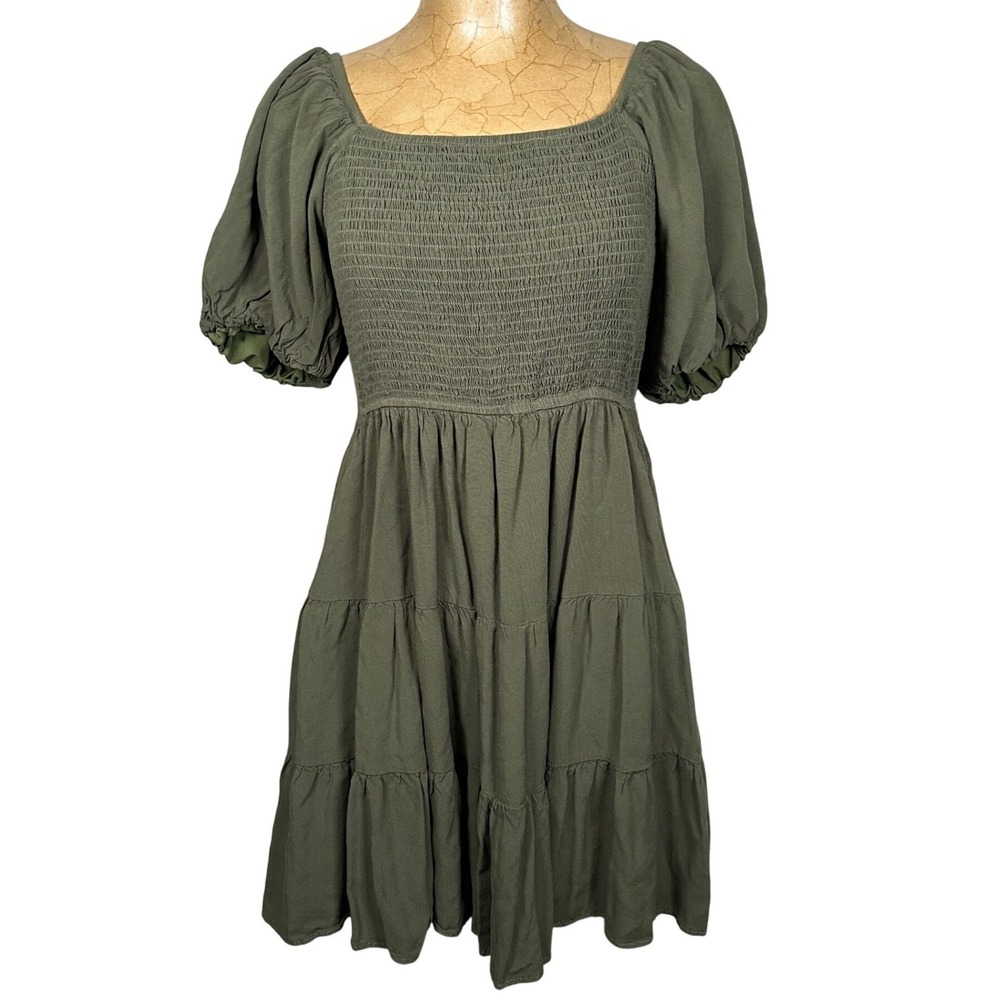 Olive‎ Green Smock Fairy Tiered Puff Sleeve Mini Dress Medium Rayon Boho Cottage